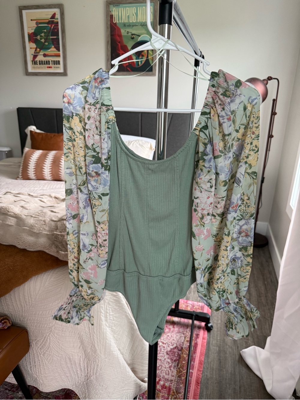 Floral-Sleeve Sage Green Women’s Bodysuit